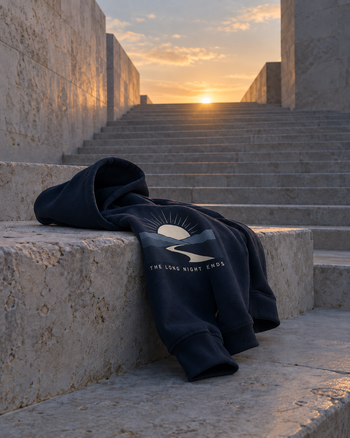 The Long Night Ends CALLED FORM hoodie draped across limestone steps at sunrise