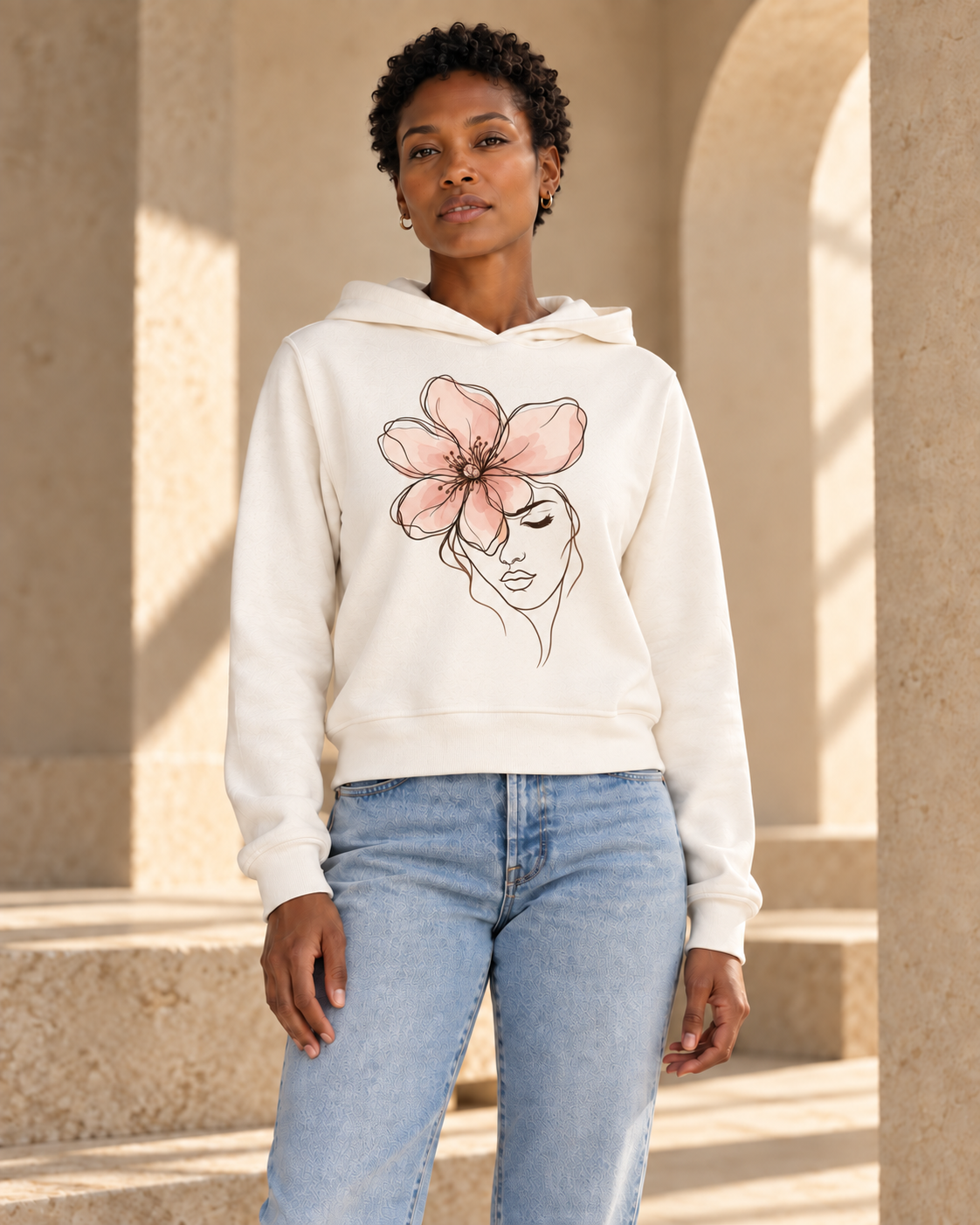 Digital design visualization of a woman wearing CALLED FORM In Bloom Hoodie in Vintage White, showing the front artwork.