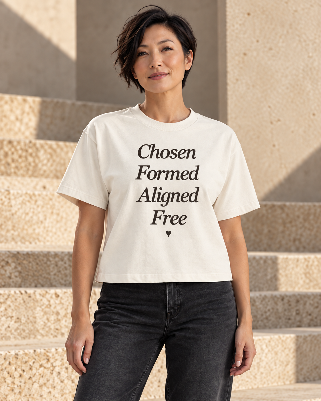 Digital design visualization of a woman wearing CALLED FORM The Four Boxy Tee in Bone, showing the front artwork.