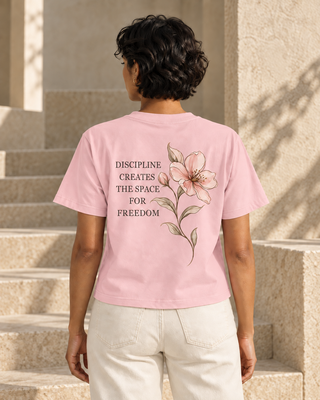 Digital design visualization of CALLED FORM Discipline Creates Boxy Tee in ShirtSpace Next Level NL7610 Light Pink, with back artwork; garment color referenced to supplier swatch.