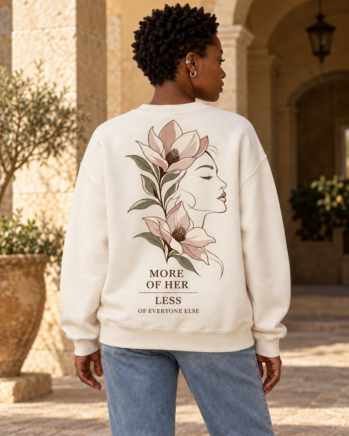 Digital design visualization of a woman wearing CALLED FORM More of Her Crewneck in Bone, showing the back artwork.