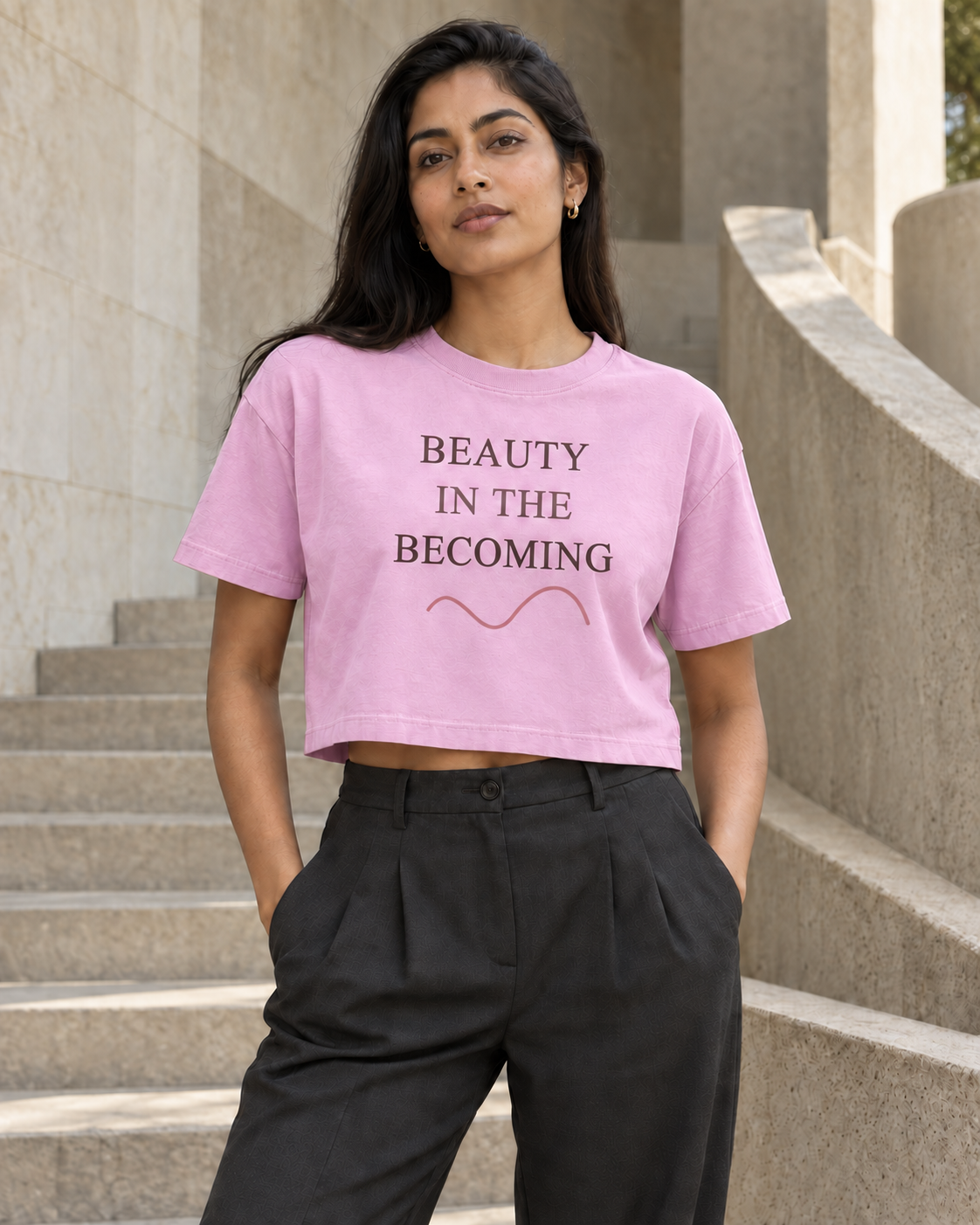 Digital design visualization of CALLED FORM Beauty in the Becoming Cropped Tee in ShirtSpace American Apparel 1302GD Faded Powder Pink, with front artwork; garment color referenced to supplier swatch.