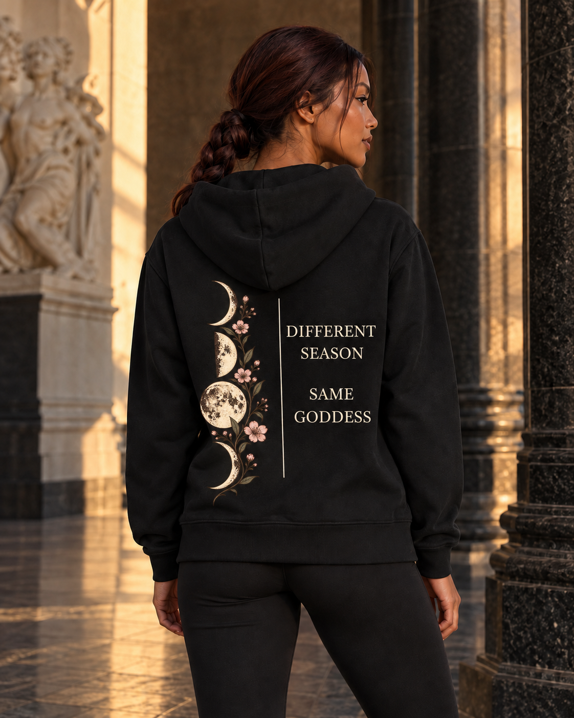Digital design visualization of a woman wearing CALLED FORM Different Season Hoodie in Black, showing the back artwork.