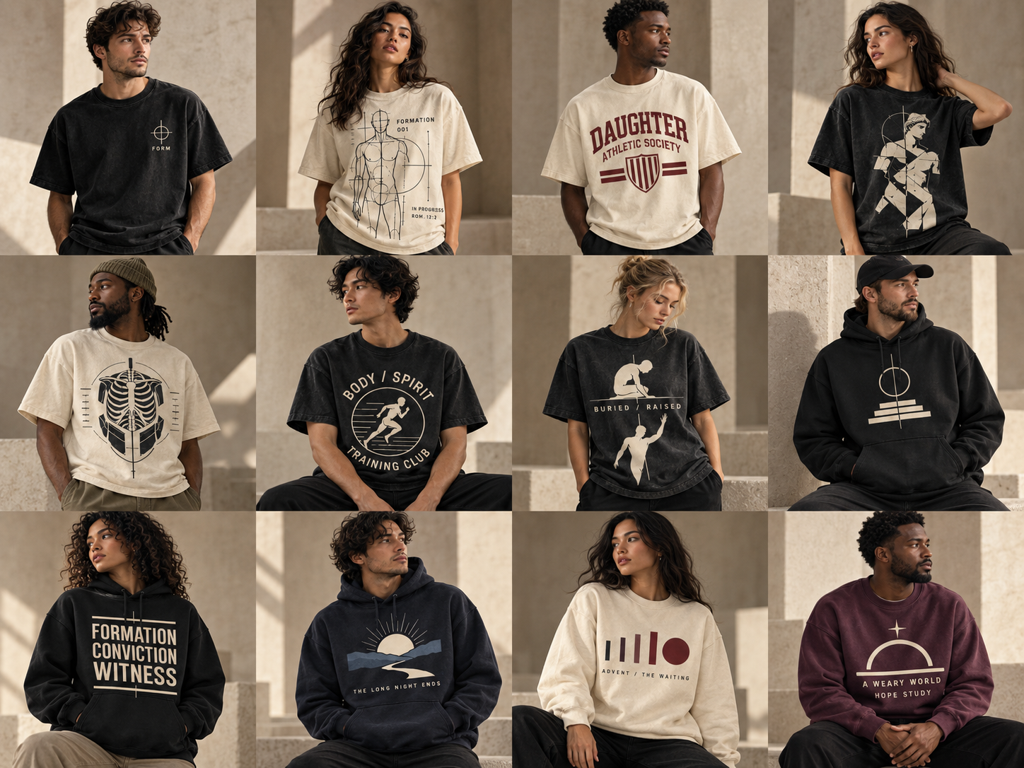 Twelve adults wearing the CALLED FORM Formation collection in a warm limestone setting