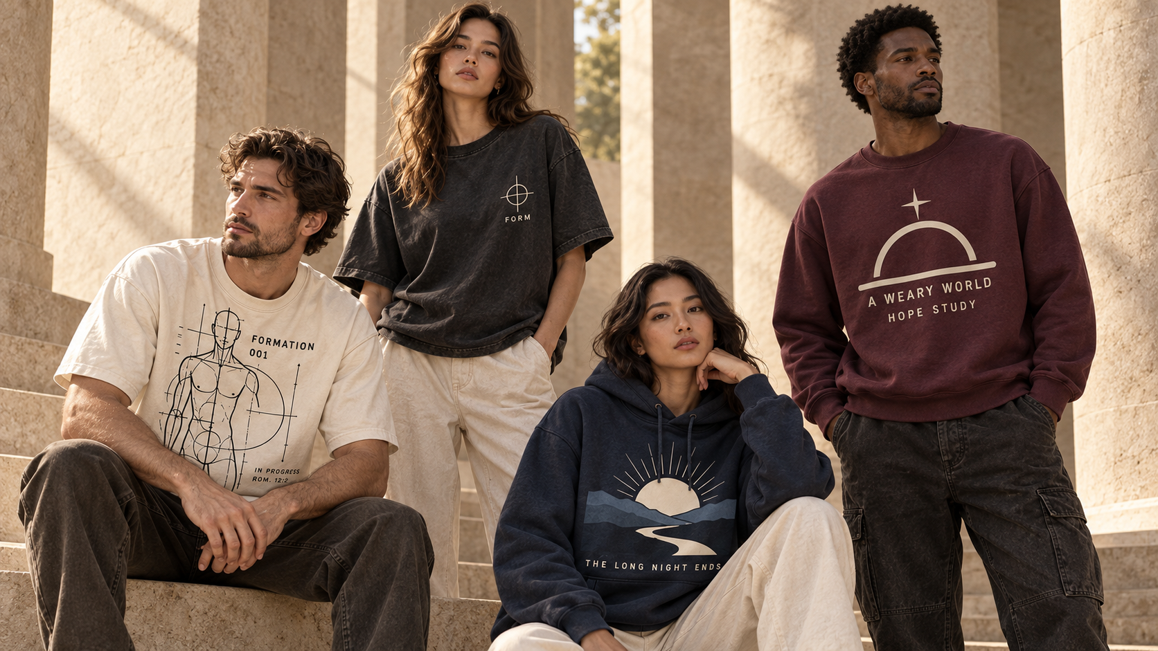 Four adults wearing CALLED FORM Formation 001, FORM Essential, The Long Night Ends, and Hope Study garments in limestone architecture