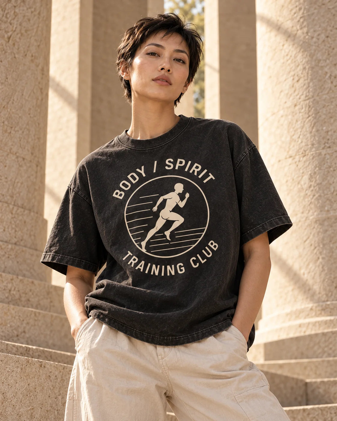 Model wearing Body / Spirit Training Club in its launch color