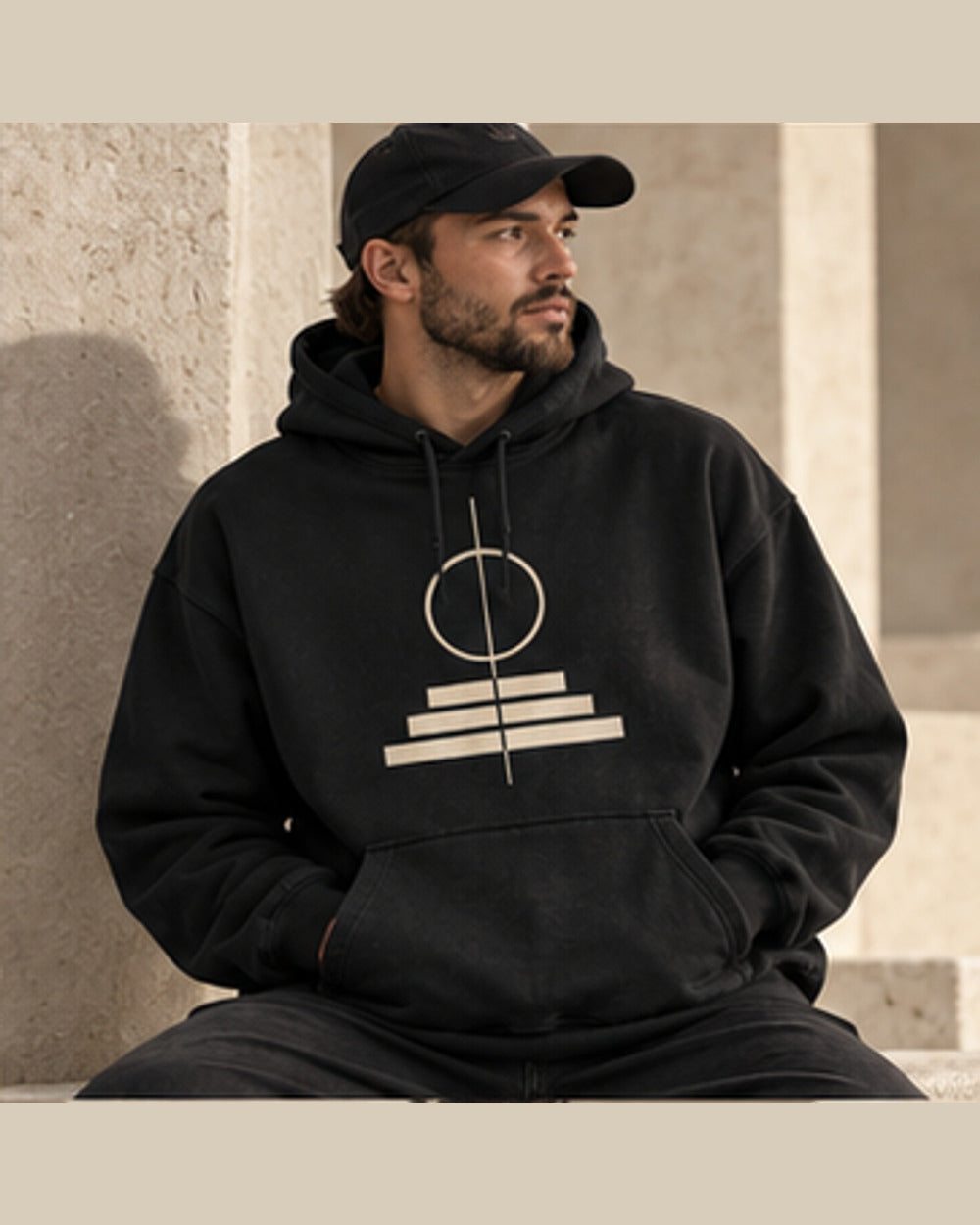 Male model wearing Foundation Hoodie 001 in its launch color