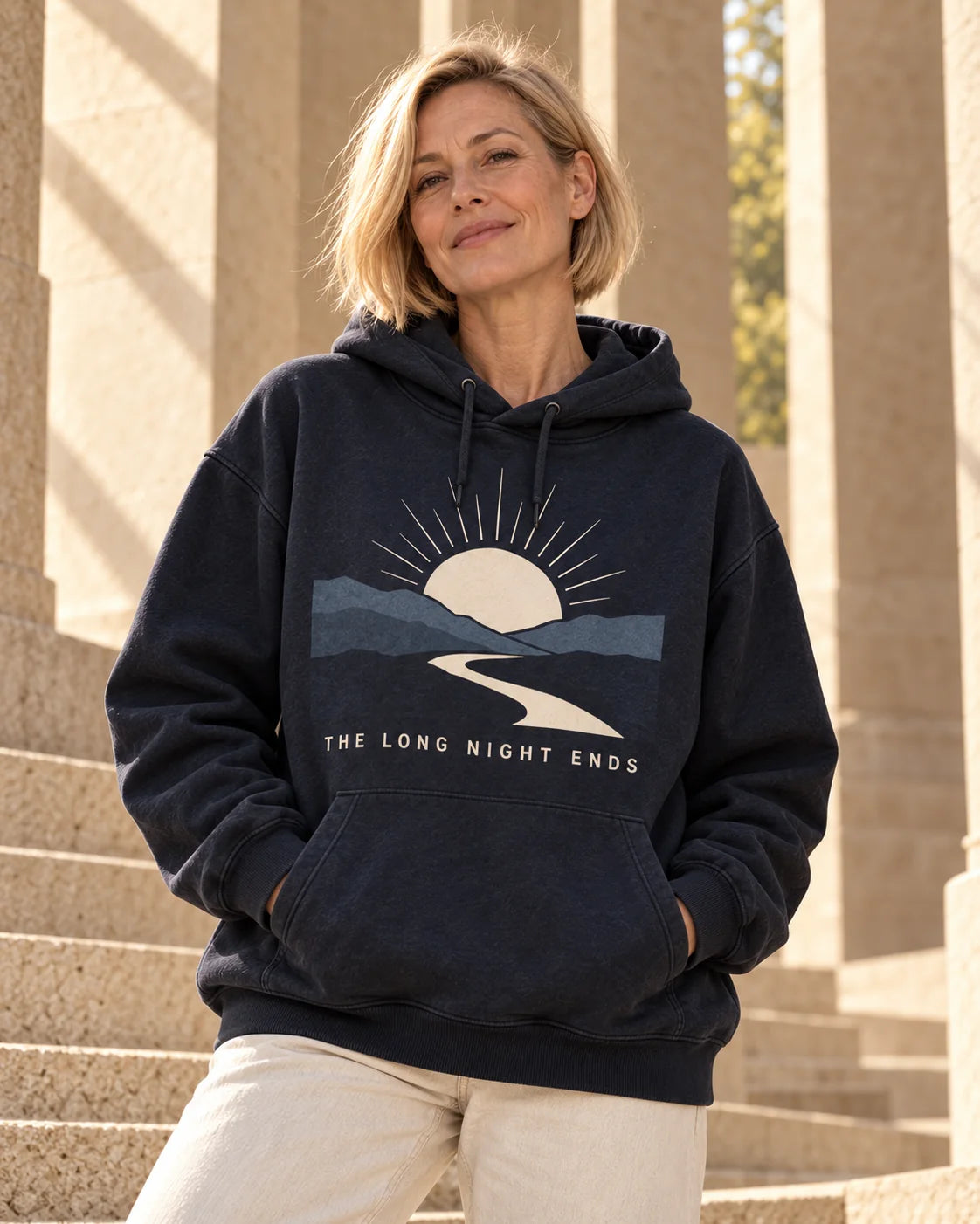 Model wearing The Long Night Ends in its launch color