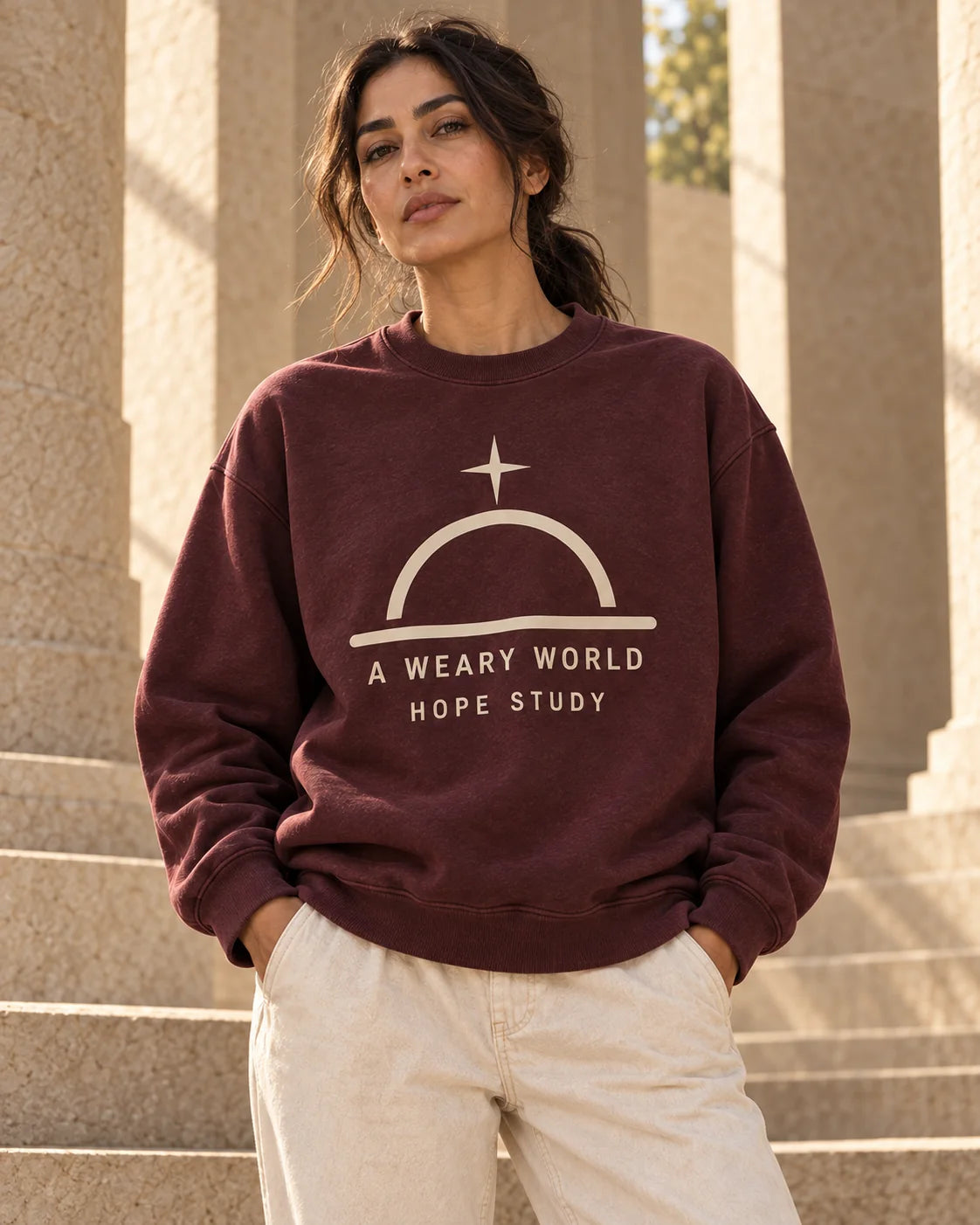 Model wearing A Weary World / Hope Study in its launch color